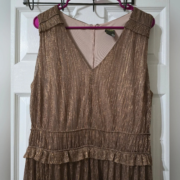 Taylor [Anthropologie] Gold Metallic Ruffle Stretch Waist Formal Midi Dress, EUC - Picture 4 of 13